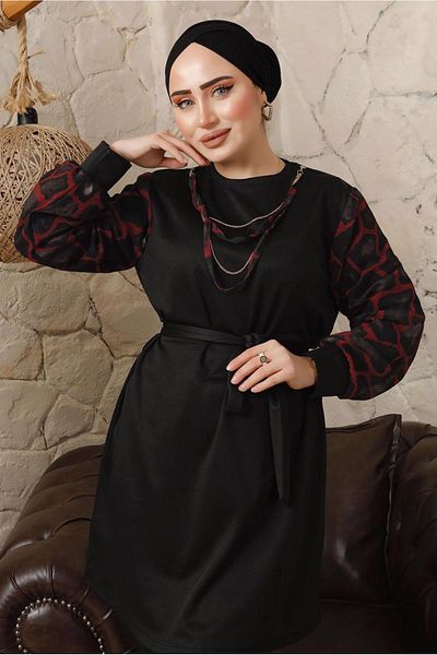 TRENDTESETTÜR Women's Red Sleeves Chiffon Patterned Chain Detailed Trousers Suit T 8103