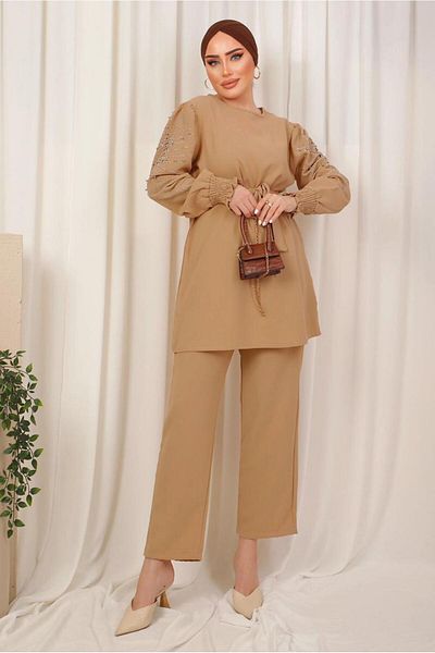 TRENDTESETTÜR Γυναικείο καφέ (CAMEL) κεντημένο παντελόνι με ζώνη T 0303