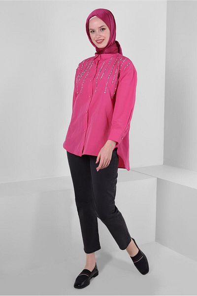 TRENDTESETTÜR Women's Fuchsia Bead Detailed Buttoned Tunic T 3502