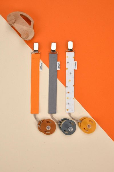 e&f Store set of 3 Certified Cotton Pacifier straps - Orange, starrY, GraY BabY Pacifier Chain