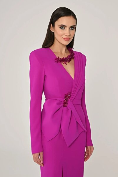 ALFABETA UZUN KOLLU VATKALI DERİN YIRTMAÇLI MİDİ BOY KRUVAZE FİYONK DETAYLI ŞIK GECE GÜNDÜZ ABİYE ELBİSE