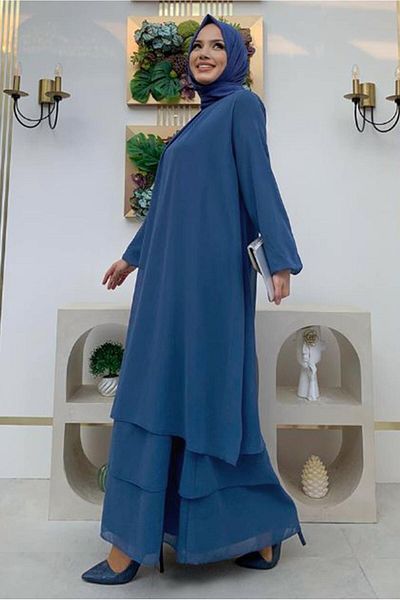 TRENDTESETTÜR Μπλε Navy Chiffon Φόρεμα - Ελαστική μανσέτα, T 0603