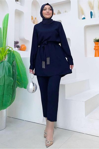 TRENDTESETTÜR Γυναικείο Σετ με Λεπτομέρεια Αλυσίδα Navy Blue - Παντελόνι T 4248