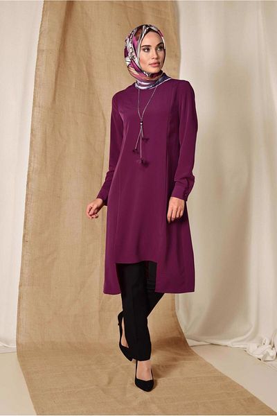TRENDTESETTÜR Women's Purple (BEGONVİL) Asymmetric Cut Necklace Tunic T 4862