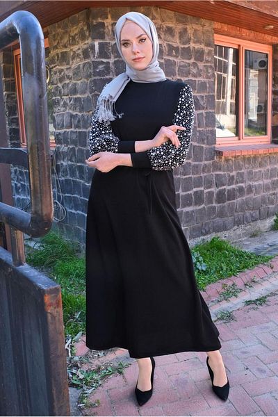 TRENDTESETTÜR Bead Detailed Belted Black Women's Dress - T 4110