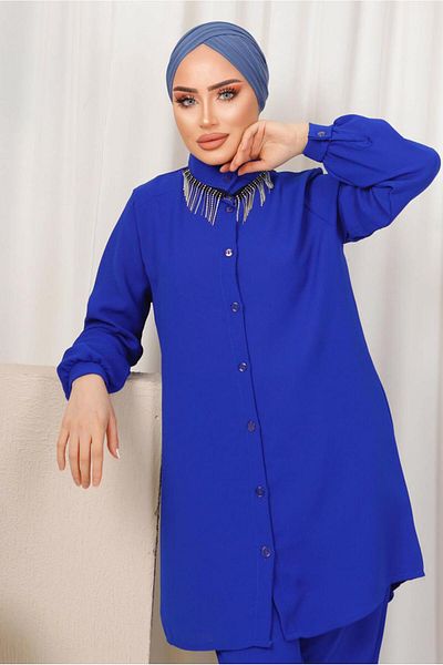 TRENDTESETTÜR Γυναικείο Navy Blue (SAKS) Σετ παντελονιού με πέτρινη αλυσίδα T 1503