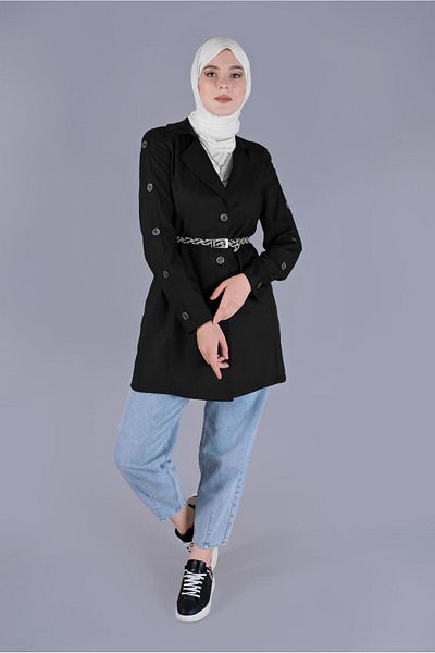 TRENDTESETTÜR Μαύρο διπλό παλτό με γιακά - Λεπτομέρεια με κουμπί, Γυναικείο, T 41451