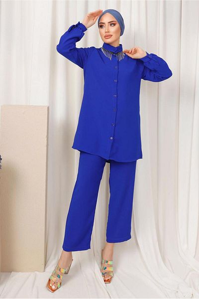 TRENDTESETTÜR Γυναικείο Navy Blue (SAKS) Σετ παντελονιού με πέτρινη αλυσίδα T 1503