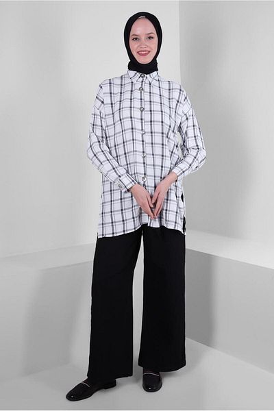 TRENDTESETTÜR Women's Gray Square Patterned Buttoned Tunic T 1436