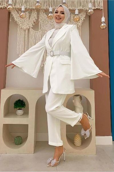 TRENDTESETTÜR Women's Ecru Stone Detailed Belted Double Trousers Suit T 5048