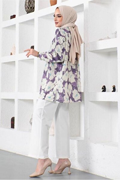 TRENDTESETTÜR WOMEN'S PURPLE (A.PURPLE) PATTERNED SHIRT WITH SLIT TUNIC T 9888