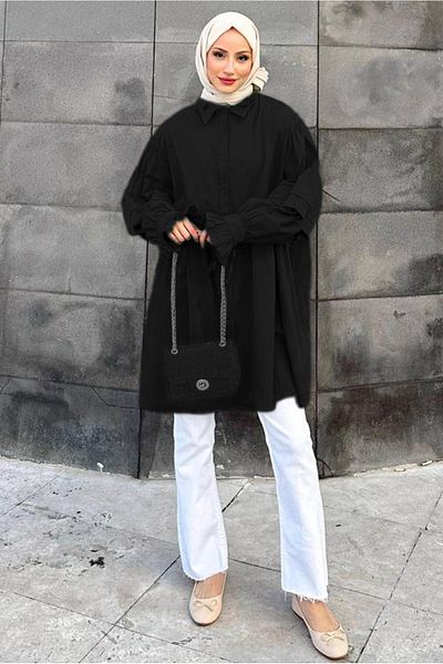 TRENDTESETTÜR Women's Black Robadan Flounced Buttoned Tunic T 0178
