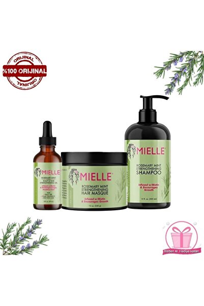 MIELLE Rosemary 3lü Orjnal Organic Mint Hair Strengthening Oil And Shampoo An...