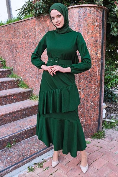 TRENDTESETTÜR Γυναικείο Πράσινο (BENETTON) Φόρεμα με λεπτομέρεια βολάν με ζώνη T 4080