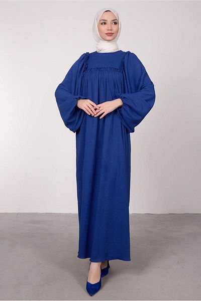 TRENDTESETTÜR Γυναικείο φόρεμα Navy Blue Indigo με φαρδύ μανίκι και λεπτομέρεια βολάν - T 7885