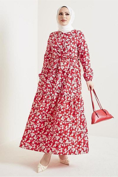 TRENDTESETTÜR WOMEN'S RED FLOWER PATTERNED BELLOW DRESS T 434