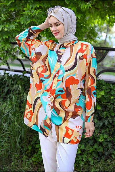TRENDTESETTÜR Women's Yellow Patterned Shirt Tunic T 5888