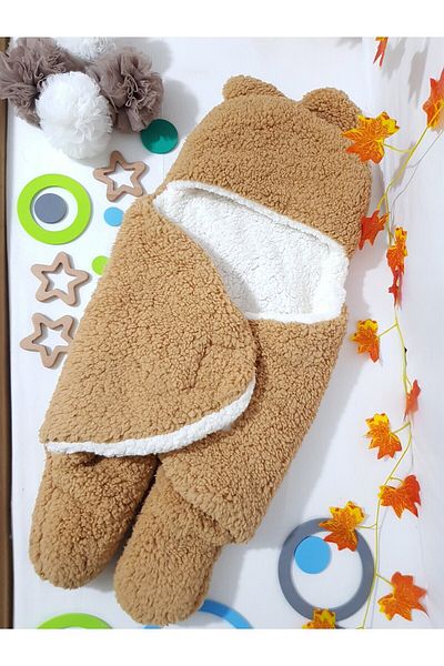 bebek_iklimi Baby Outer Swaddle Wrap Blanket Brown - Welsoft Hooded Double Layer Footed Model