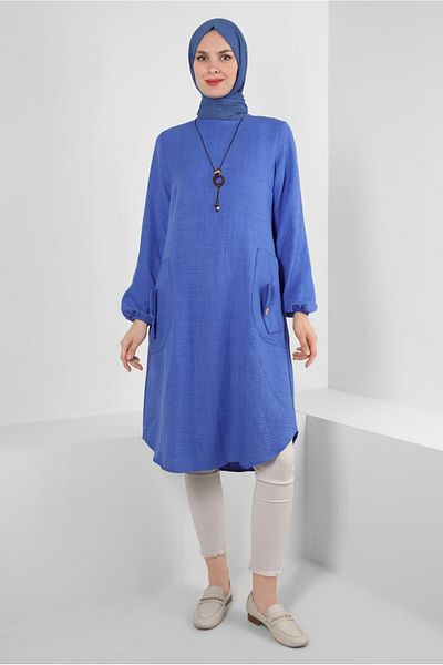 TRENDTESETTÜR WOMEN'S NAVY BLUE (NDIGO) POCKET DETAILED BICYCLE COLLAR TUNIC T 2885