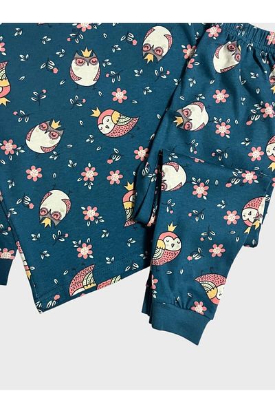 TOFU KİDS Girl's 100% Cotton Green Owl Floral Print Long Sleeve Winter Pajamas Set