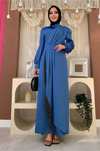 TRENDTESETTÜR Βραδινό φόρεμα Navy Blue Satin - Με λεπτομέρεια φούντας, T 3689