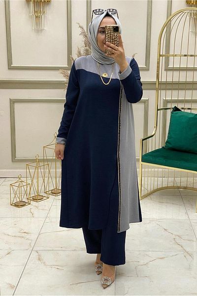 TRENDTESETTÜR Γυναικείο Navy Blue (SAKS) Sequin Λεπτομερές δίχρωμο παντελόνι T 30003