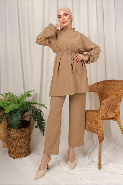 TRENDTESETTÜR Γυναικείο καφέ (CAMEL) Πέτρινο Κεντημένο Παντελόνι Ζώνης Σετ T 9203