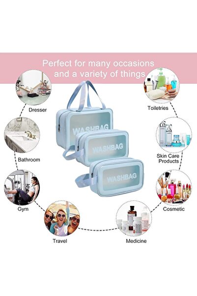 Boldy 3'lü Kişisel Bakım Çantası - Şeffaf Su Geçirmez Makyaj Çantası - Waterproof Kozmetik Çantası (S-M-L)