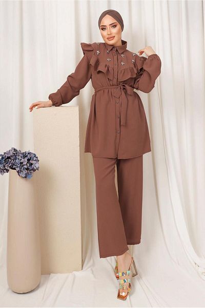 TRENDTESETTÜR Women's Pink (ROSE DURN) Ruffle Detailed Stone Embroidered Suit T 0403