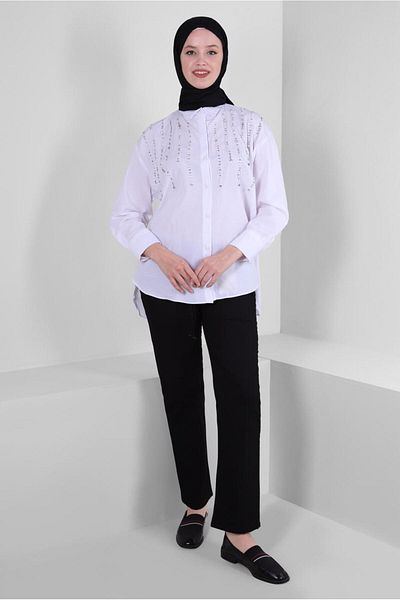 TRENDTESETTÜR Women's White Bead Detailed Buttoned Tunic T 3502