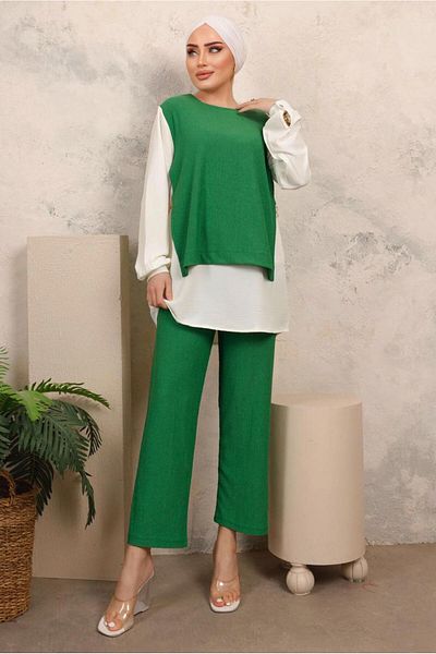 TRENDTESETTÜR Πράσινο Σετ Γυναικείο Παντελόνι Benetton Chain Detailed - T 6603