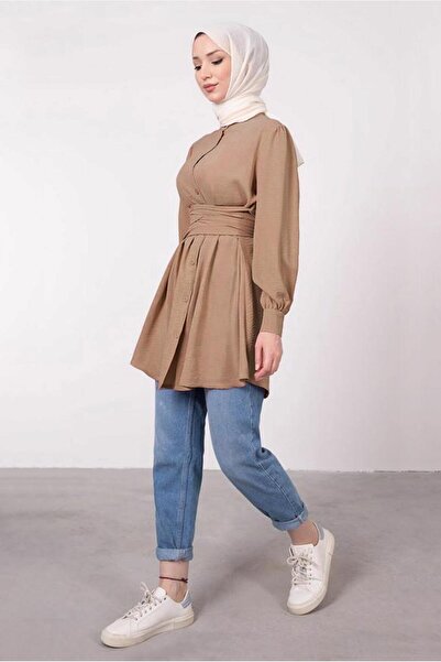 TRENDTESETTÜR Women's Mink Judge Collar Tie Detailed Tunic T 1965