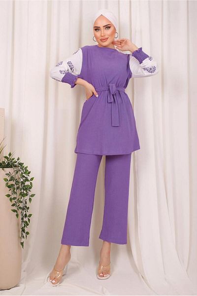 TRENDTESETTÜR Women's Purple (LILA) Sleeve Patterned Belted Pants Wrap Suit T 7603