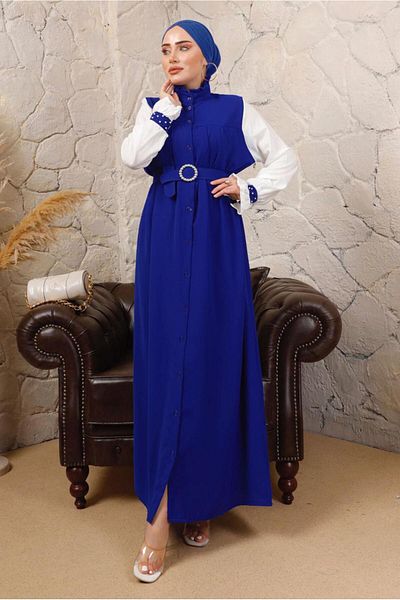 TRENDTESETTÜR Γυναικείο φόρεμα Navy Blue (SAKS) με ζώνη μαργαριτάρι με λεπτομέρεια γαρνιτούρα T 7503
