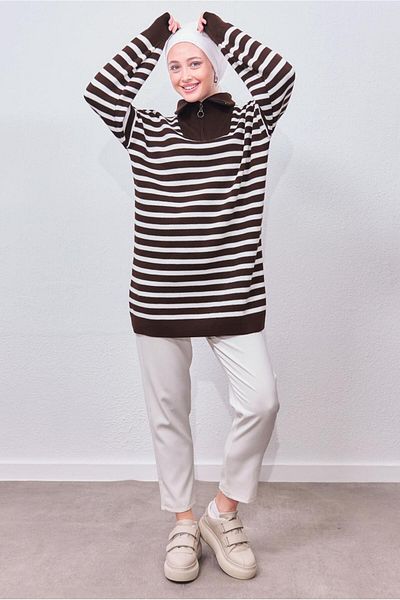 TRENDTESETTÜR WOMEN'S COFFEE STRIPED TRICOT TUNIC T 0908