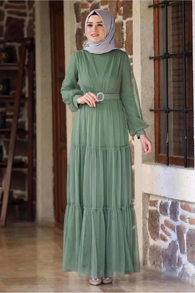 TRENDTESETTÜR ROCHIE DE SEARA VERDE (CRIBLE) PENTRU FEMEI CU CUREA CU DETALET ȘIRUL T 2253
