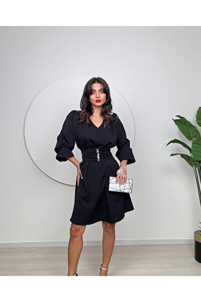 Glysso Rochie scurtă de invitație de nuntă cu design special, cu centură neagră și nasturi