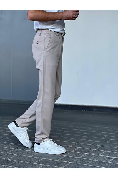 ElitWear Erkek Bej Jogger Kesim Bel Lastikli Ve İpli Chino pantolon