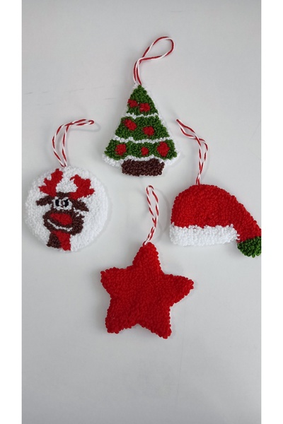Punch Nakışı Yılbaşı Temalı 4 lü Çam Ağacı Süsü Christmas Hand Made