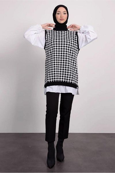 TRENDTESETTÜR WOMEN'S BLACK PATTERNED KNITWEAR TUNIC T 1846
