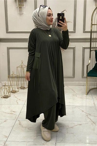 TRENDTESETTÜR WOMEN'S KHAKI ASYMMETRIC CUT WITH ELASTIC WAIST TRIPLE PANT SUIT T 50085