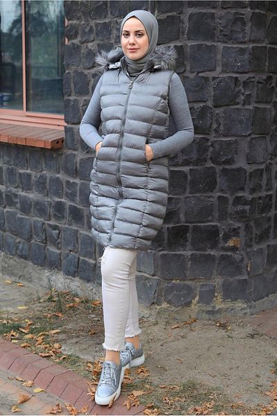 TRENDTESETTÜR WOMEN'S GRAY HOODED PUFFY VEST T 4747