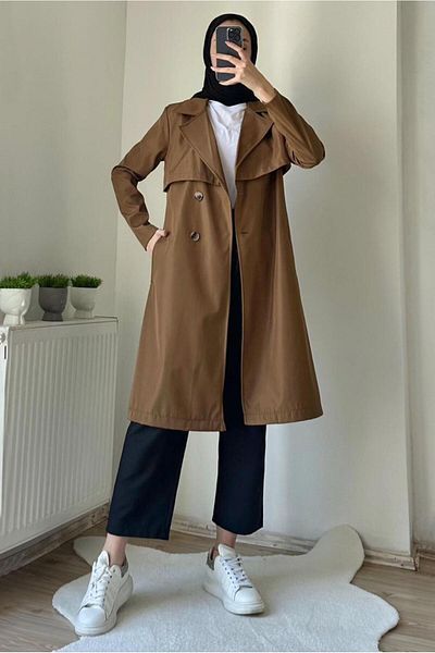TRENDTESETTÜR Γυναικεία καφέ καμπαρντίνα με διπλό γιακά με ζώνη T 7395