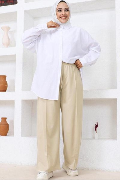 TRENDTESETTÜR بنطلون نسائي بيج (حجري) بأرجل واسعة T 2403