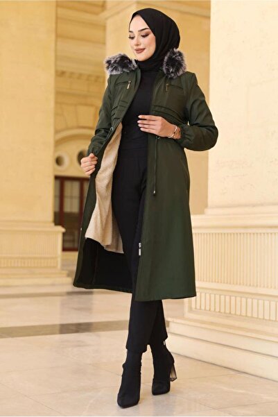 TRENDTESETTÜR Women's Khaki Gathered Waist Hooded Coat 0057