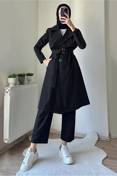 TRENDTESETTÜR Γυναικεία μαύρη καμπαρντίνα με διπλό πέτο με ζώνη T 7395