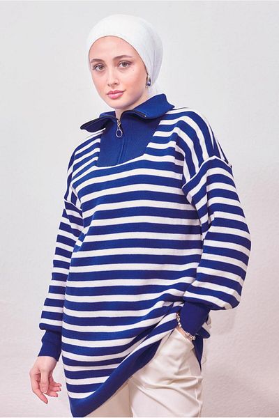 TRENDTESETTÜR WOMEN'S NAVY BLUE (SAX) STRIPED KNIT TUNIC T 0908