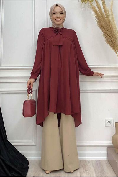 TRENDTESETTÜR سترة نسائية من الكريب الشيفون ذات الياقة المربوطة باللون العنابي T 4542