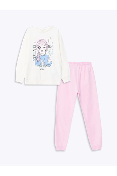 LC Waikiki Σετ πιτζάμες για κορίτσια με στάμπα LCW Kids Ecru Crew Neck