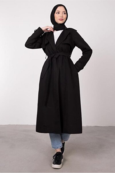 TRENDTESETTÜR Kadın Siyah Kruvaze Yaka Kuşaklı Cepli Trençkot T 1331